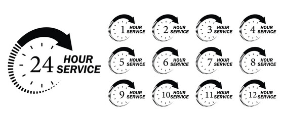 1 to 12 hour service icon set. 24 hour discount offer, support, delivery and more concept. Twenty-four hour clock symbol collection. Vector illustration.
