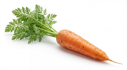 A vibrant fresh orange carrot with its lush green leafy top presented on a crisp white background