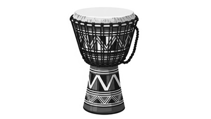 Traditional African djembe hand drum with geometric patterns isolated on white.