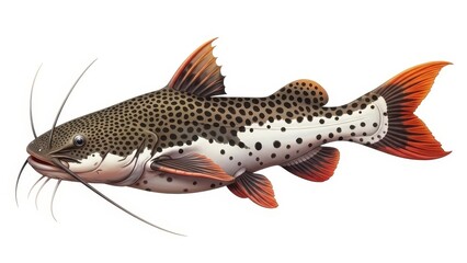 Spotted catfish illustration with red fins isolated on white.
