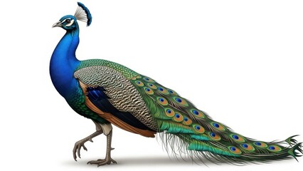Vibrant Indian peacock walking in profile isolated on white.