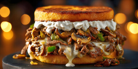 Gourmet Cheesesteak Melt with Creamy Sauce, ai generated.