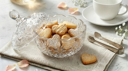 Heart shaped cookies in crystal bowl on table with cup and napkin  