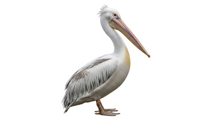 White pelican side profile standing isolated on plain white background.