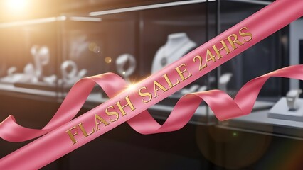 Craft a pink satin ribbon swooping across a luxury product showcase, gold embossed text "FLASH SALE 24HRS" in sophisticated serif font diagonally placed, romantic golden hour lighting with lens flares