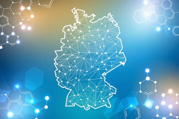 Digital Map of Germany with Polygonal Mesh and Molecular Structure Icons, Concept of Logistics Network Pharmaceutical Industry and Tech Innovation