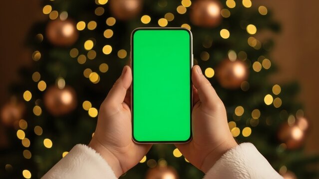 Person holding a vertical green screen smartphone with Christmas tree background, perfect for festive digital display and holiday message app content - Powered by Adobe