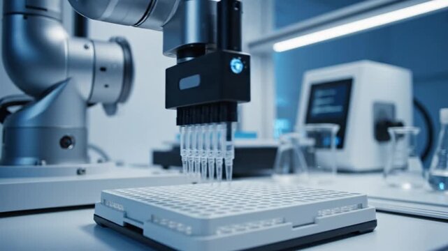 Automated Robotic Arm Dispensing Liquids into Microplate in Modern Laboratory for Scientific Research.
