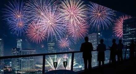 People gather on a high-rise balcony, witnessing a magnificent fireworks show illuminating the city skyline at night, symbolizing triumph and celebration