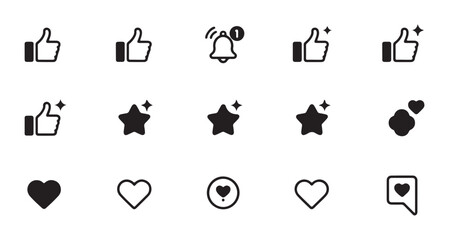 Set of like thumbs up stars and heart icons for social media engagement and positive feedback