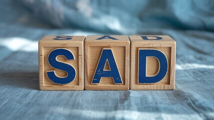 Wooden Toy Alphabet Blocks Spelling SAD on Soft Fabric Background, Concept of Seasonal Affective Disorder Depression and Mental Health Care