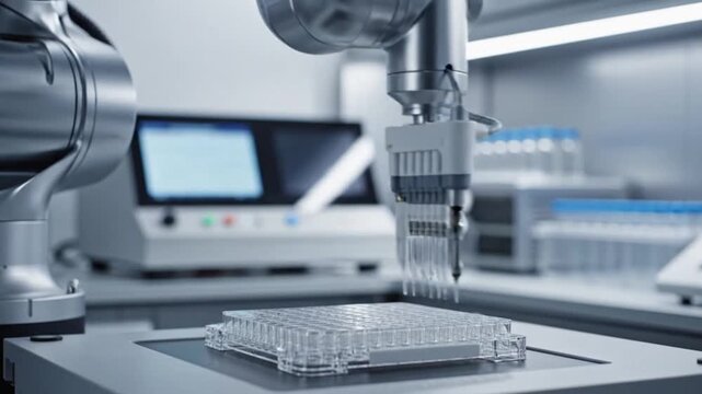 Automated Robotic Arm Pipetting Samples in a Scientific Laboratory for Research and Development.