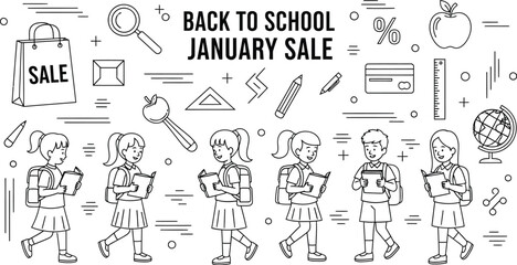 Back to school january sale announcement featuring happy students carrying books and surrounded by various essential educational supplies in a continuous line art pattern