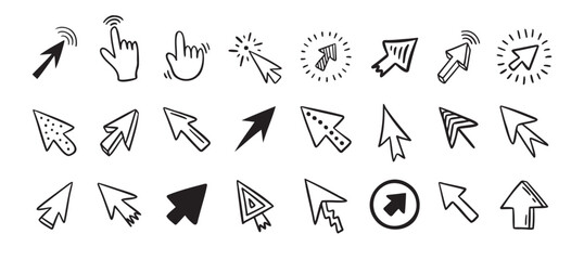 Cursor doodle icon set. Click cursor hand drawn set. Isolated mouse cursor 