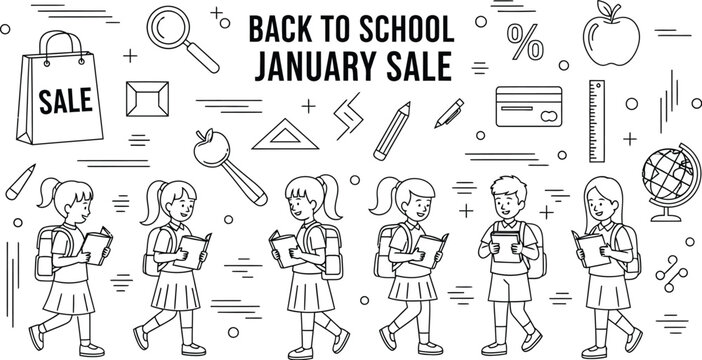 Back to school january sale announcement featuring happy students carrying books and surrounded by various essential educational supplies in a continuous line art pattern - Powered by Adobe