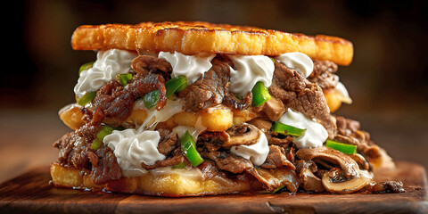 Gourmet Cheesesteak Melt with Creamy Sauce, ai generated.