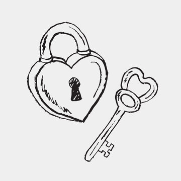 Hand drawn heart padlock with matching key, symbolizing love, trust, and emotional connection. Vector sketch illustration in vintage crayon charcoal style. Valentines day greeting card