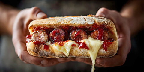  Sausage Melt Sub with Cheese and Tomato Sauce, ai generated.