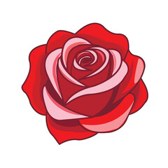 A stylized vector illustration of a rose, a large bud with gently curling petals, in rich red and pink hues.