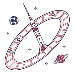 Rocket Ship Orbiting Red Planet with Ring Structure © murad