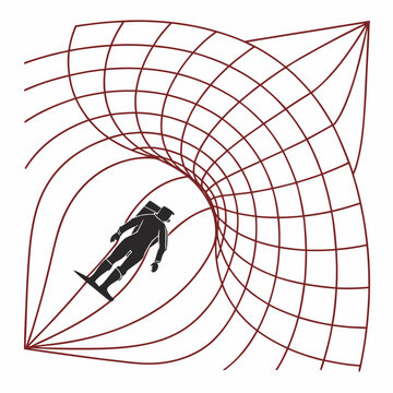 Astronaut floating in gravity pull zones represented as bent grid space