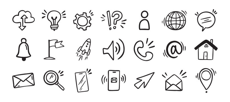 Contact doodle hand drawn icon. Isolated communication signs for business