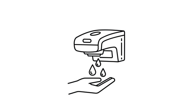 Line art illustration of an automatic hand sanitizer dispenser mounted on a wall with drops falling into an open palm.