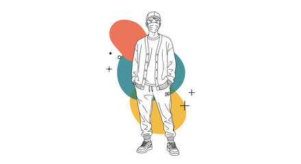 Full body line art illustration of a young man wearing a face mask and casual streetwear with colorful abstract shapes.