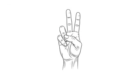 Obraz premium Realistic line art drawing of a human hand showing the peace, victory, or two fingers gesture on white background.