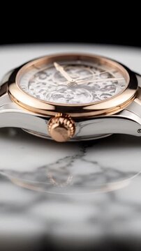 Macro Shot of Stylish Skeleton Wristwatch on Marble Surface, Elegant Timepiece