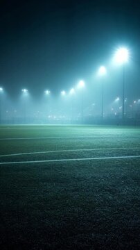 Soccer stadium vertical shot with bright lights and green field, powerful sports venue perspective ideal for football promotions.