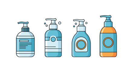 Collection of various colorful liquid soap or hand sanitizer dispenser bottles with pump tops and labels on white background.