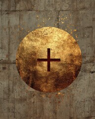 Metallic Circle with Cross Symbol on Textured Background