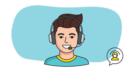 Friendly male customer service representative wearing a headset for communication on a bright blue background illustration.