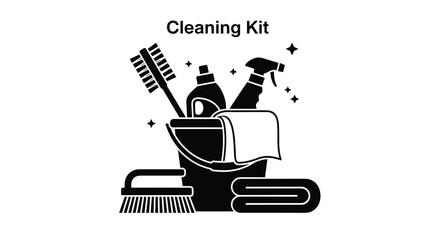 Black and white silhouette of a cleaning kit including a bucket, towels, brushes, and cleaning agents with descriptive text.