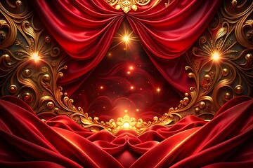 Luxurious red stage with golden ornaments and sparkling lights