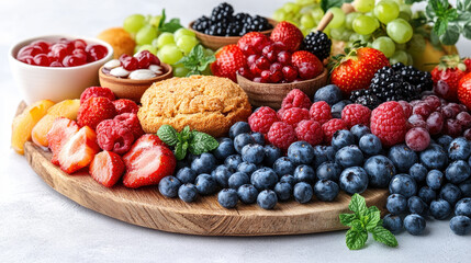 Fresh Berries and Fruits Arrangement on Wooden Platter