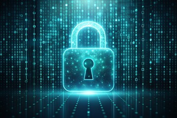 Glowing blue padlock on digital background with binary code