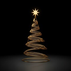 Abstract Golden Spiral Christmas Tree with Glowing Star on Dark Black Background

