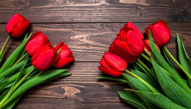 Red Tulips on Dark Wood - A Floral Arrangement. - Powered by Adobe