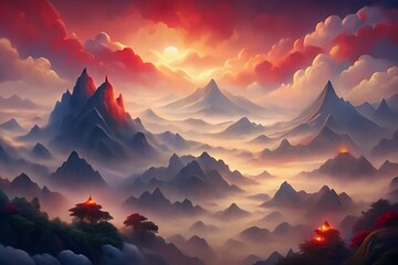 Vibrant mountain landscape at sunset with misty valleys and colorful clouds