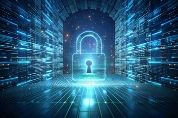 Secure digital gateway with glowing blue padlock in futuristic virtual tunnel