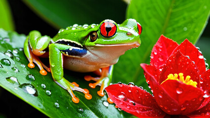 A vibrant red-eyed tree frog perched on a green leaf with glistening water droplets and a blurred tropical background