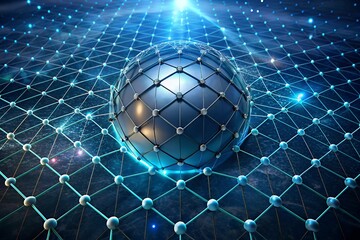 Futuristic network globe with glowing connections and nodes in dark blue background
