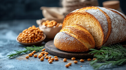 Freshly Baked Bread with Ingredients on Rustic Wooden Table