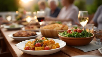 Fototapeta premium A warm outdoor meal shared with family and friends at sunset featuring a feast of delicious food