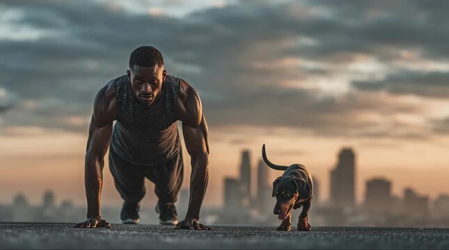 A powerful giant doing pushups and a small dog together in a cityscape video at sunset