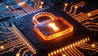 Digital shield with a luminous padlock icon, surrounded by radiant data streams, concept of cyber security innovation 