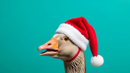 Goose wearing Santa hat on turquoise background. Funny and festive animal concept for Christmas season and holiday greeting card.