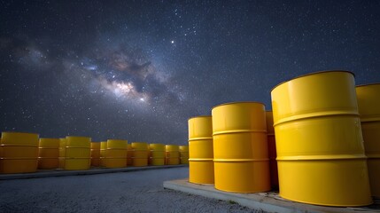 Numerous yellow industrial storage drums are lined up outdoors under a clear starry night sky with the Milky Way visible